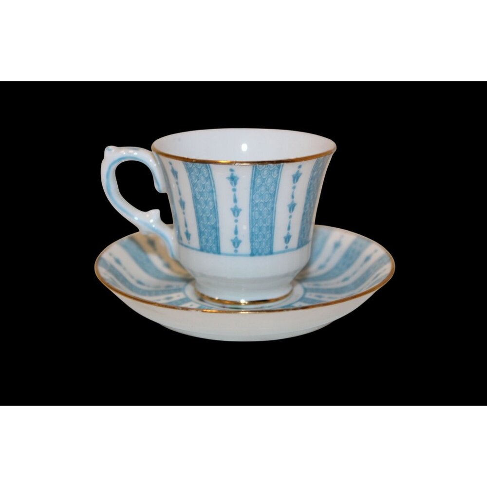 Crown Staffordshire Fine Bone China Blue & Gold Teacup & Saucer Set With Floral